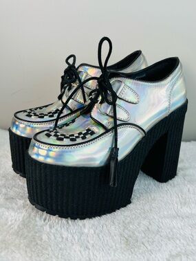 Dolls Kill Current Mood Holographic Lace-Up Platform Heels in Silver and Black